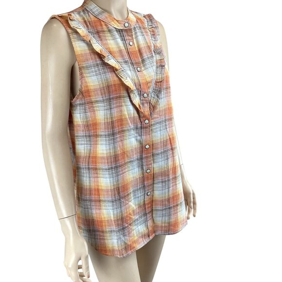 Lands End Blake Shelton Top Size Small NWT Sleeveless Plaid Orange White Ruffles - Picture 2 of 8